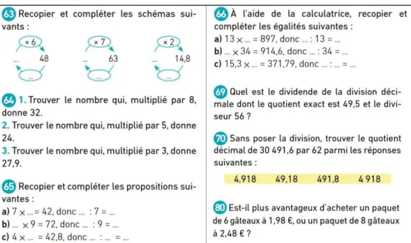 Figure 16 : Exemples d’exercices donnés au cours de la séquence « division décimale » 
