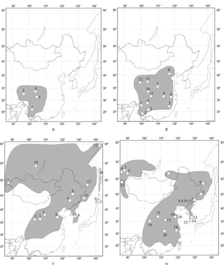 Figure 1. Geographic distribution of the Apodemus samples. A, Apodemus latronum. B, Apodemus draco