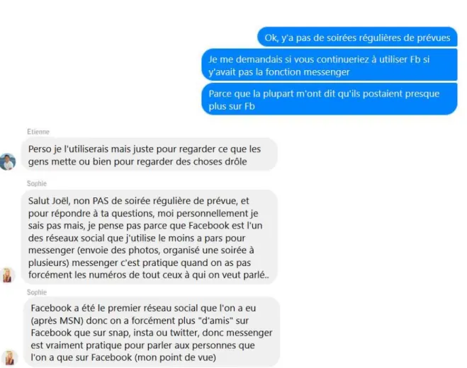 Figure 7 - Extrait de conversation avec Etienne et Sophie sur l’utilisation de FB