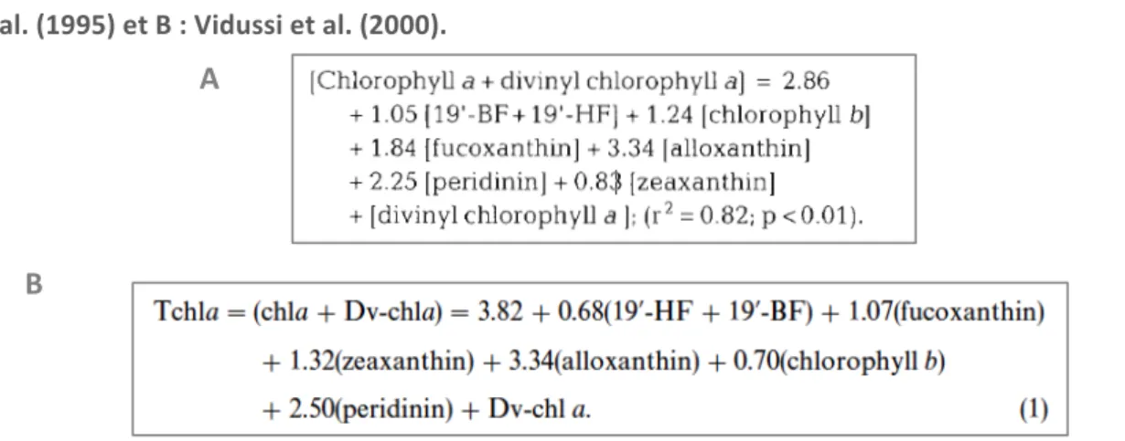 Figure  2.  Exemples  d’équations  permettant  le  calcul  de  la  contribution  respective  des  différents  groupes phytoplanctoniques à la biomasse totale en Méditerranée