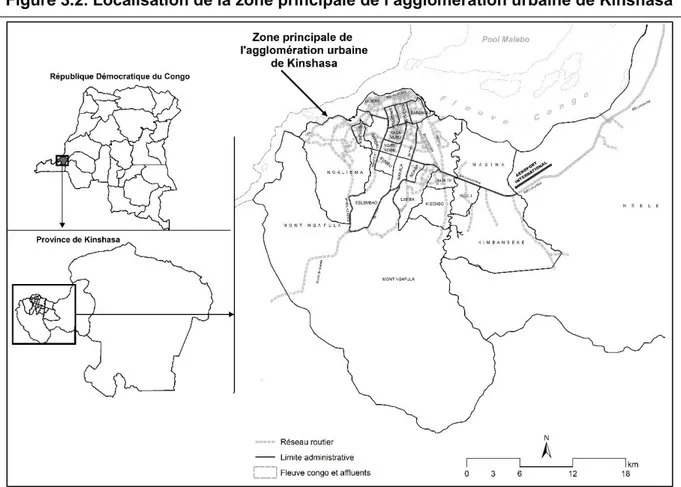 Figure 3.2. Localisation de la zone principale de l’agglomération urbaine de Kinshasa 