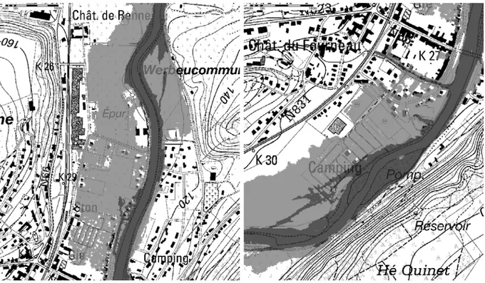 Figure 7. Examples of flood extension with (dark grey) and without (pale grey) the reservoirs  The drawing of the numerical results on topographic maps shows the precision of the  computations