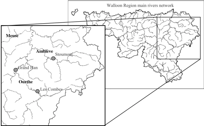 Figure 3. River Ourthe network and location of the three potential reservoirs 