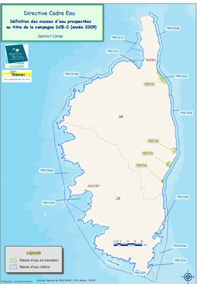 Figure 4. Définition des masses d!eau côtières et de transition   du district "Corse"