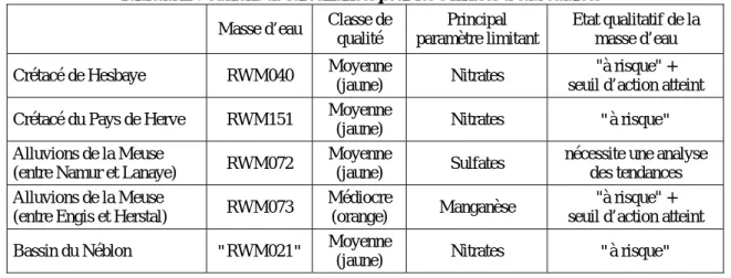 Tableau II : Stations de surveillances pour les 5 masses d’eau étudiées  Masse d’eau  Classe de 