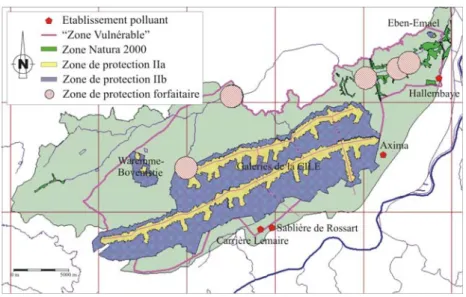 figure 3 illustre la carte des pressions environnementales (positives et négatives) relevées sur  l’ensemble de la masse d’eau de Hesbaye