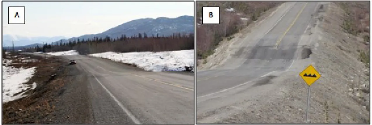 Figure 14 : Creep of the Alaska Highway in the Takhini Valley; A) km 1462 in 2011 and  B) km 1446 in 2013 (photos: Guy Doré)