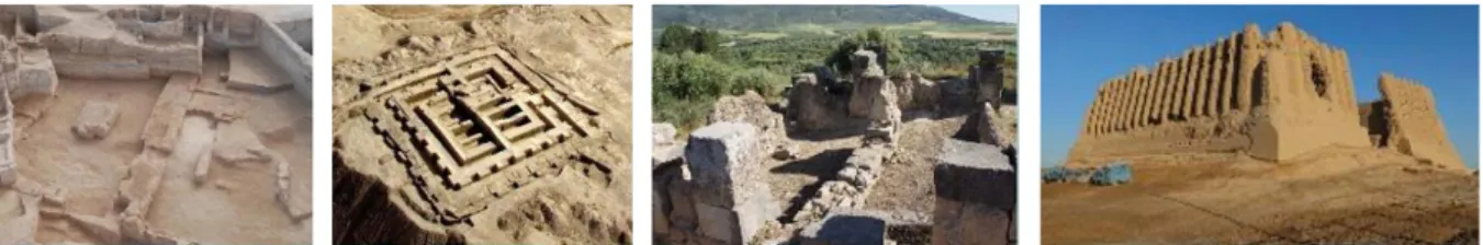 Fig. 1. Exemples anciens de constructions en terre. De gauche à droite : fondation d’une maison  dans la ville de Tell Feres en Syrie, citadelle d’Ulug Dépé au Turkménistan, traces de pisé sur  les vestiges des maisons à Volubilis au Maroc, le grand Kyz Ka