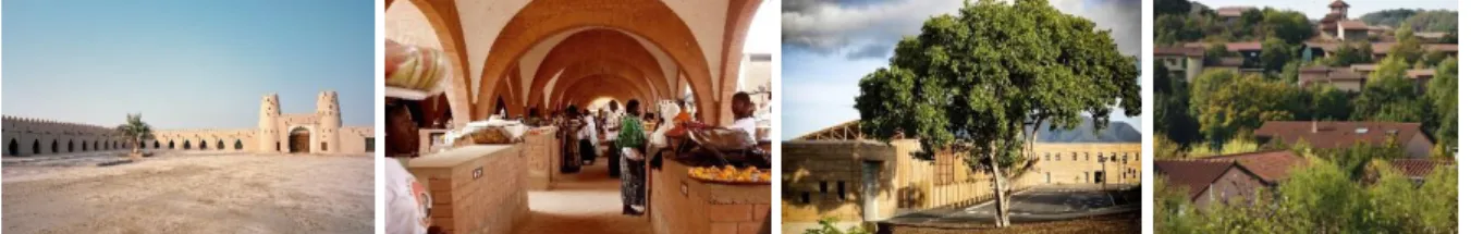 Fig. 2. Exemples récents de constructions en terre. De gauche à droite : le Fort d’Al Jahili, Al  Ain à Abou Dhabi  aux Emirats  arabes unis créé en 1891  et  restauré  en  2008 ;  le  marché de  Koudougou au Burkina-Faso construite en blocs de terre compr