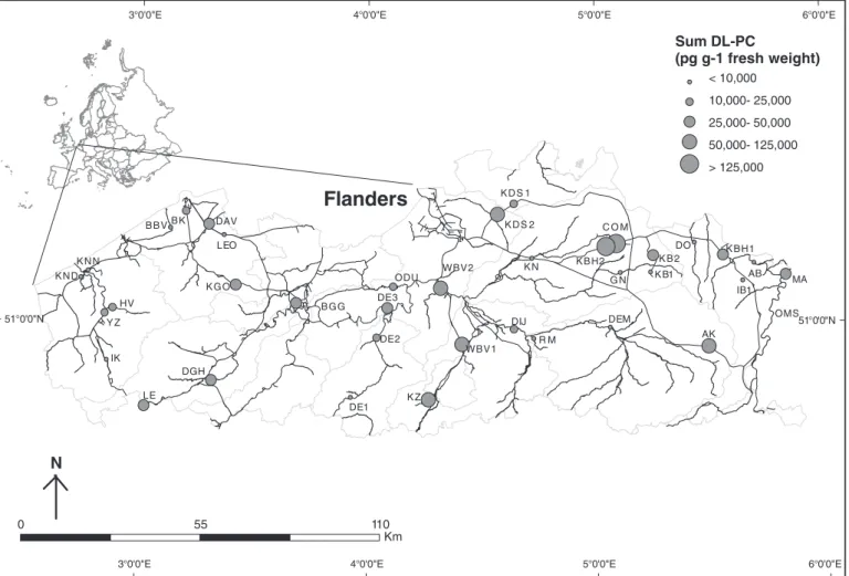 Fig. 1. Geographic position of Flanders in Europe and spatial distribution of the 38 studied sampling sites