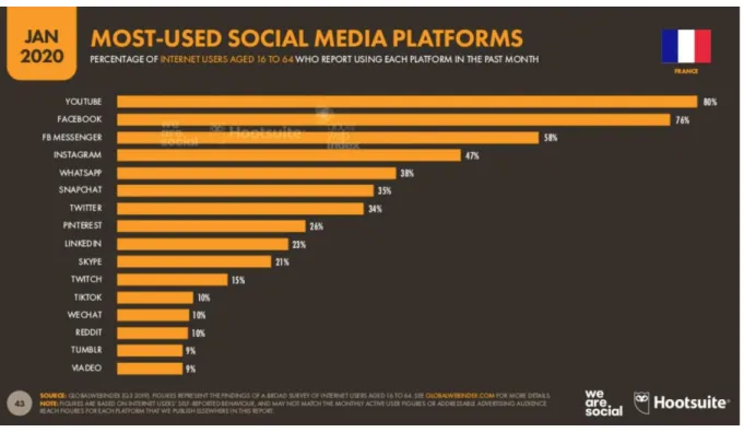 Figure 10 : Graphique des réseaux sociaux les plus utilisés en France en janvier 2020