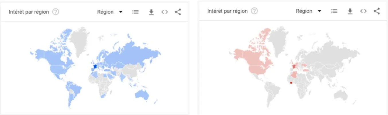 Figure 12 : Cartes mondiales présentant les recherches internet relatives au musée du Louvre et du MUCEM par pays