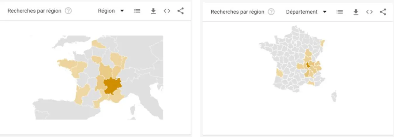 Figure 13: Carte réalisée par Google Trends des départements et régions ayant fait le plus de recherches du site internet du  MUCEM