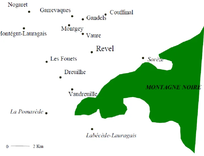 Illustration 1 : Les villages du compoix de Revel au  XV e siècle. 