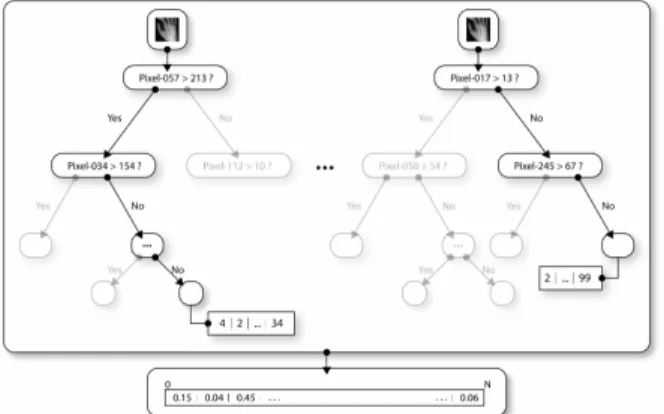 Fig. 4 Propagation of one subwindow into each tree, and update of the similarity measure to the N reference images.