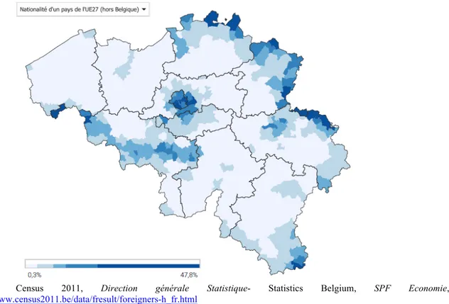 Figure  2.  Share  of  non-national  EU  citizens  over  the  total  population  in  Belgian  municipalities (2011 Census data) 