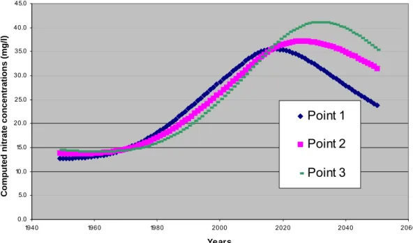 Figure 8: Time evolution of the nitrate concentrations computed with Scenario 2.  