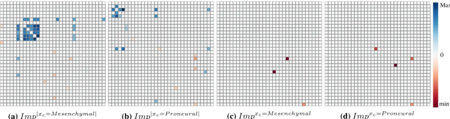 Figure 1: Results for Problem 4. Each matrix represents significant context-dependent gene-gene interactions as found using Imp |x c | in (a)(b) and Imp x c in (c)(d), in GBM sub-type Mesenschymal in (a)(c) and Proneural in (b)(d)