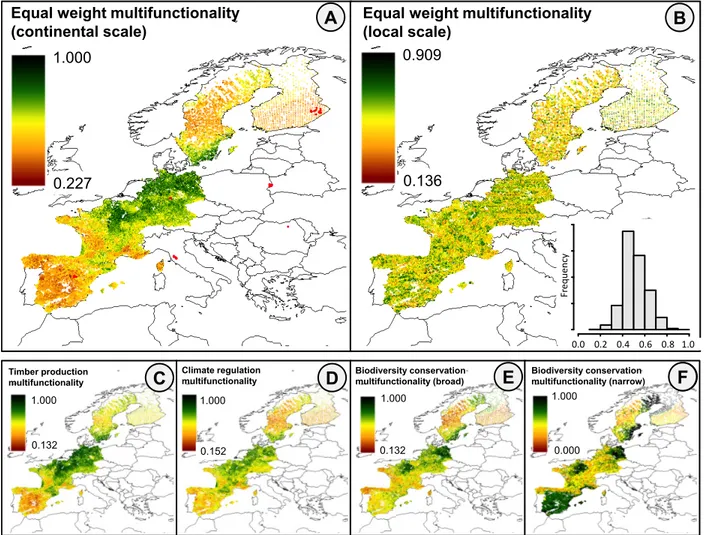 Figure 2. While high values of continental-scale multifunctionality (A, C-F) in central Europe 728 
