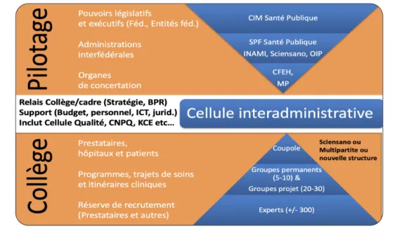 Figure 1. Modèle suggéré pour une réforme des Collèges des Médecins : une Cellule Interadministrative   qui dirige un seul Collège en trois niveaux, avec un pilotage également en trois niveaux