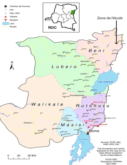 Figure 1: Carte des territoires du Nord-Kivu, RDC. 