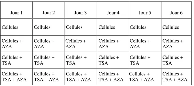 Tableau 7. Schéma expérimental de l'étude de la toxicité de la 5-AZA et de la TSA 