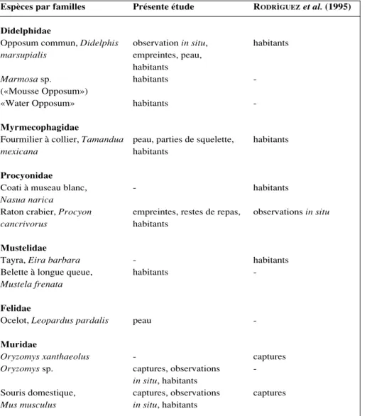 Tableau I : Liste préliminaire des mammifères terrestres non volants de l’île Santay, Equateur.