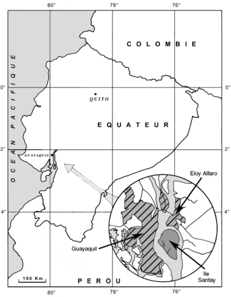 Fig. 1. Carte de la situation générale de l’île Santay en Equateur avec sa position par rapport aux villes de Guayaquil et Eloy Alfaro (Durán).