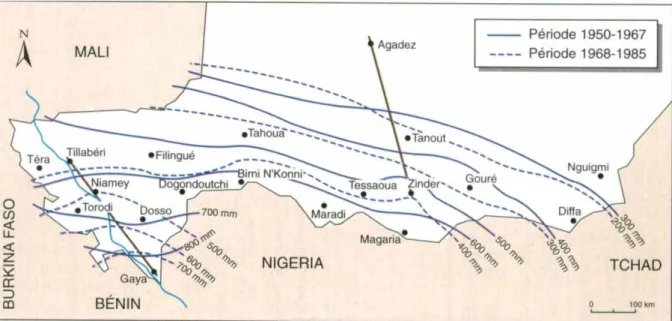 Figure 3. Carte pluviométrique du sud-Niger : les isohyètes sont calculées sur les périodes  humides 1950-1967 et sèches 1968-1985