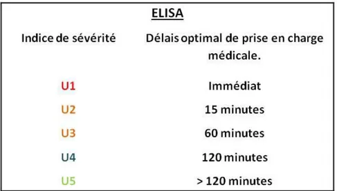 Tableau  1  :  Echelle  ELISA,  catégorisation  de  l’indice  de  gravité  d’U1  à  U5  ainsi  que  leur  association au délai optimal pour le premier contact médical
