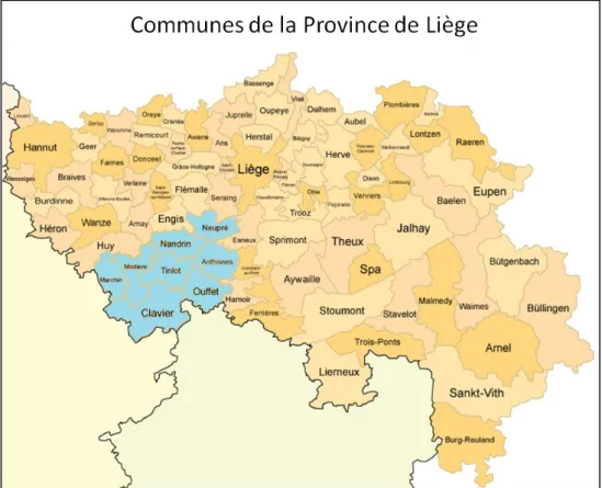 Figure 12 : Province de Liège et ses communes, les communes reprises par le cercle médical  du Condroz apparaissent en bleu