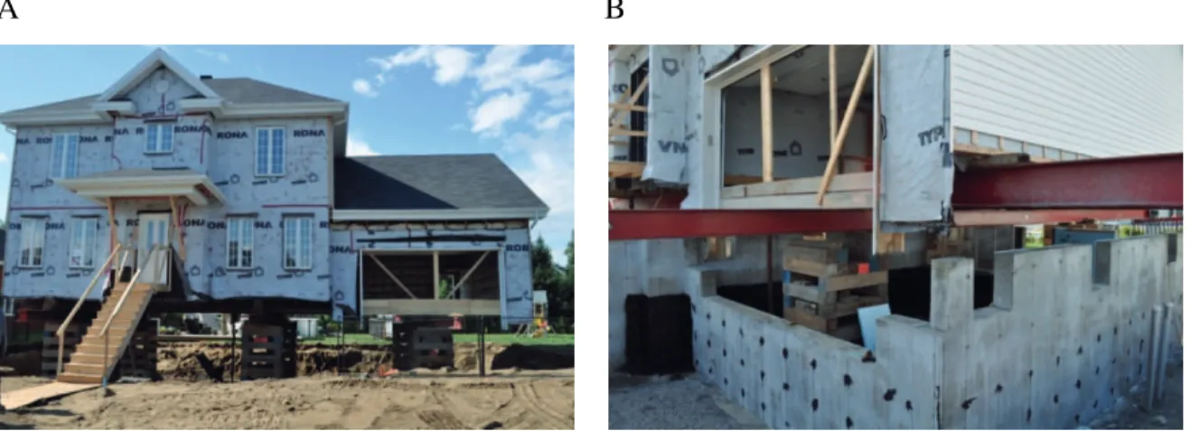 Figure 1. 2: Replacement of the concrete house foundations walls. A: Lifted house with all  the brick work removed