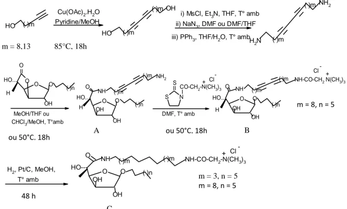 Figure 11. Voie de synthèse de séries de molécules amphiphiles bipolaires ayant une tête de  glycine  bétaïne