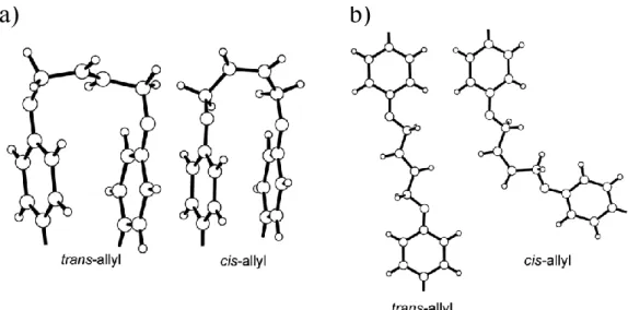 Figure  2.6:  Molecular  models  of  chain  folding  due  to  allyl  groups:  (a)  chain  fold  models and (b) extended chain conformation, showing deviation from linearity 