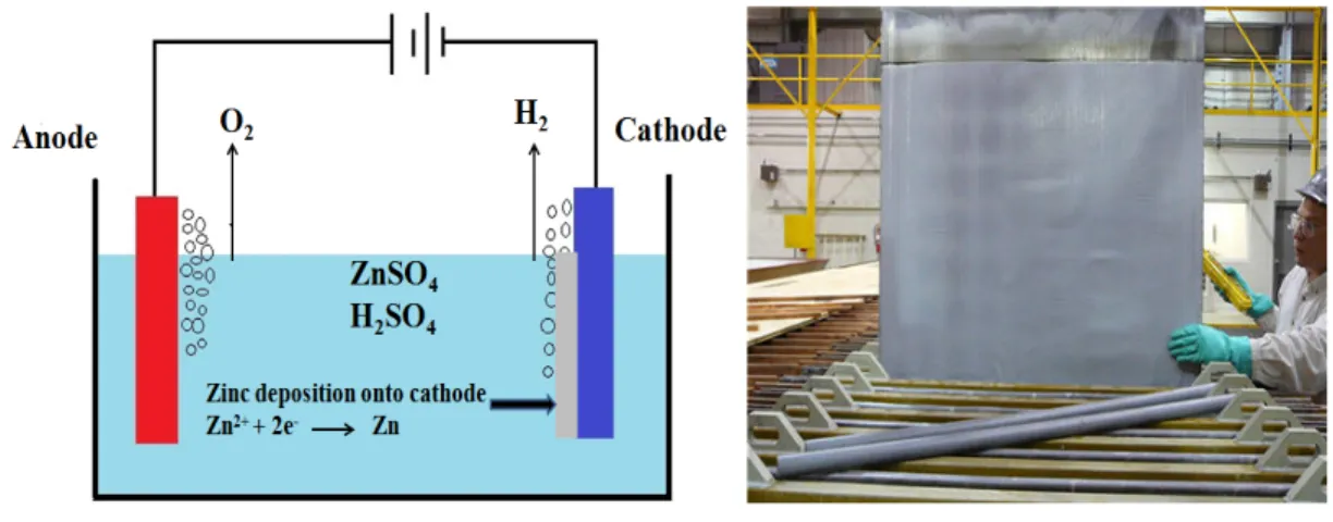 Figure 2.1. (a) Simple electrolysis cell for zinc    (b) Aluminum cathodes deposited by zinc 