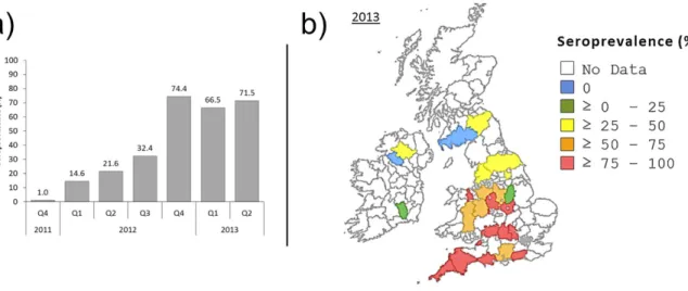 Figure 6: (King et al., 2015)— a) diagramme représentant la séroprévalence au cours du temps dans les îles Britanniques ; l’augmentation de la séroprévalence aux trimestres 1 et 2 de 2012 est le signe d’une circulation hivernale du virus ; b) cartographie 