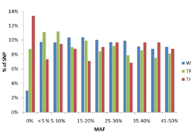 Figure  1:  Frequency distributions of minor  allele frequencies (MAF)  calculated for all markers available  on the Equine SNP50 array in W (n=418), TR (n=65) and TH (n=37)