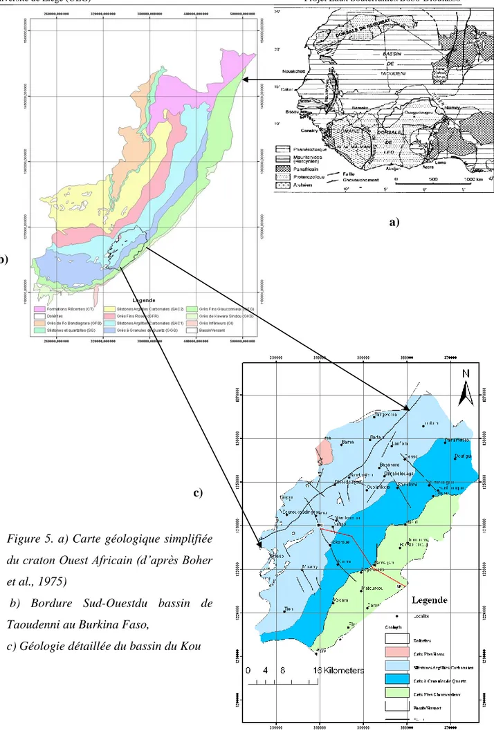 Figure 5. a) Carte géologique simplifiée  du craton Ouest Africain (d’après Boher  et al., 1975) 