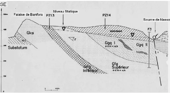 Figure 6. Coupe Hydrogéologique et Géologique de la région de Bobo-Dioulasso (Sogréah,  1994) 