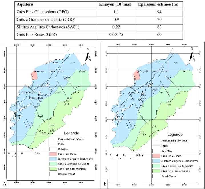 Tableau  1 :  Valeurs  d’épaisseurs  et  de  conductivité    hydraulique  moyenne  des  aquifères  du  bassin du Kou 