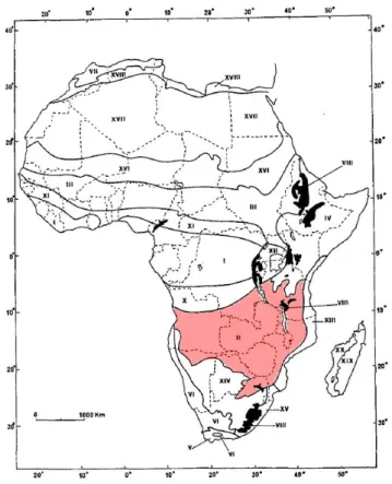 Figure 2-5. Localisation du centre régional d’endémisme zambézien (en rouge). D’après M ALAISSE  (1993)  2.2.2.2  Les écosystèmes cupro-cobaltifères du Katanga 