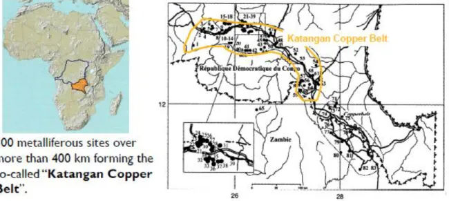 Figure 2-6. Localisation du Katanga dans la R.D.C. (en orange) et des gisements de l’Arc cuprifère  katangais (en jaune)