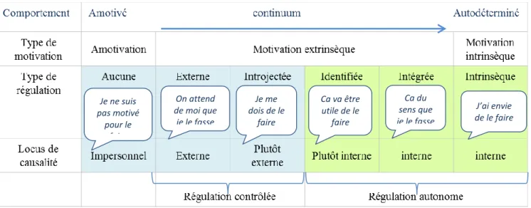 Figure 6:  Le continuum d‟autodétermination, avec les types de motivation, de régulation, le  locus de causalité et les processus mis en jeu