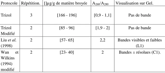 Tableau  1:  Comparaison  des  rendements  d’extractions  et  des  rapports  d’A 260 /A 280 d’extraits  d’ARN  totaux  obtenus à partir de peau de bananes vertes finement broyées