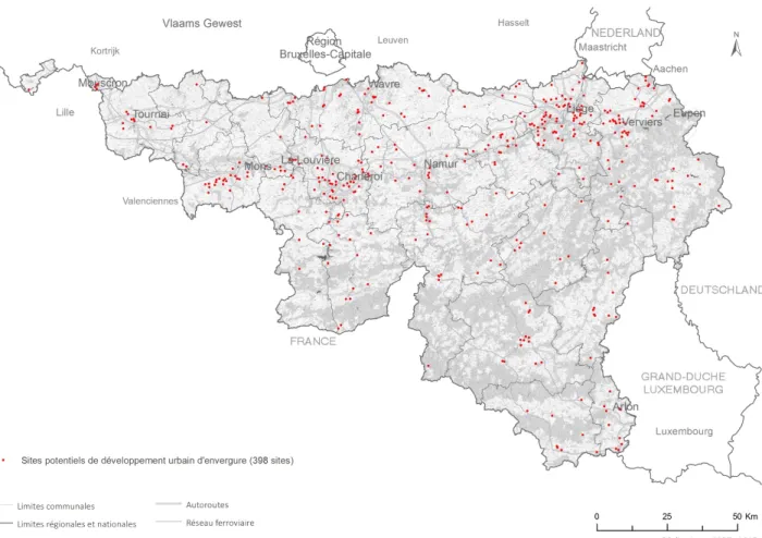 Figure 9 - Localisation des sites disponibles d'envergure à l'échelle de la Wallonie. 