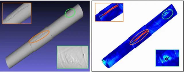 Figure 2.15. Defects are detected from the pipe surface after extracting cylinders and their parameters.