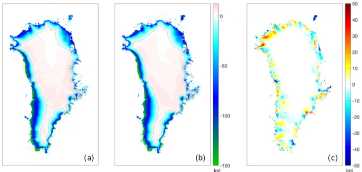 Figure 10. (a) Time-integrated aSMB for MOD, (b) MAP, and (c) MAP–MOD differences, representing the error of the remapping