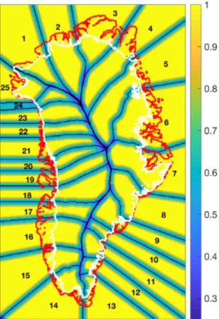 Figure 4. Weighting factor of the local basin for remapping. The local weighting factor increases from the basin divides (black lines) to 1.0 in the centre over a specified distance (here 50 km), while the factor for the neighbouring basin decreases propor