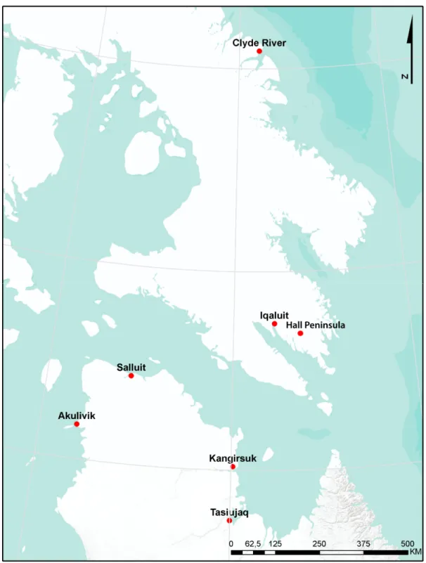Figure 1: Localisation de la provenance des échantillons testés au Nunavik et au Nunavut 