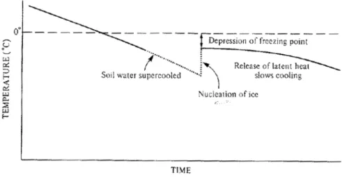 Figure 7: L'effet de la chaleur latente de fusion lors de la formation de la glace dans un  sol (tirée de William et Smith, 1989) 